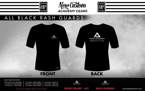 Core Academy Brazilian Jiu-Jitsu All Black Custom Rash Guards Short Sleeves #839 B Hot on Sale